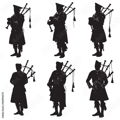 Bagpiper silhouette set, Black & White silhouette set