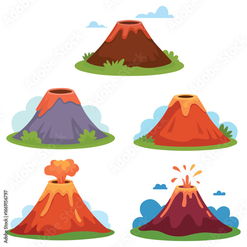 Cartoon hot volcano with lava eruption mountain icon vector illustration on white background