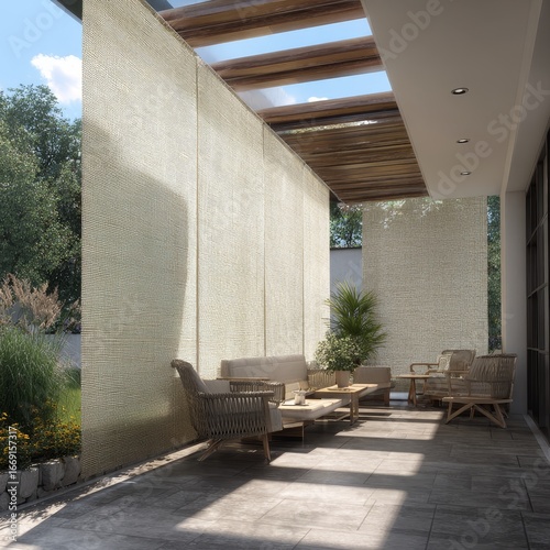 A patio with a white canopy and a few chairs