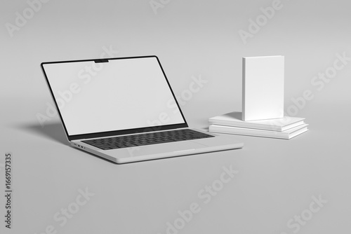 Konstfotografi Front view of modern laptop with blank screen, aluminum body material, isolated on white background, and A5 A4 Cover Book Portrait Vertical Softcover White Blank 3D Rendering Mockup