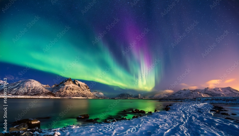 Naklejka premium stunning aurora borealis with vibrant hues illuminating the night sky ideal for celestial and scenic designs