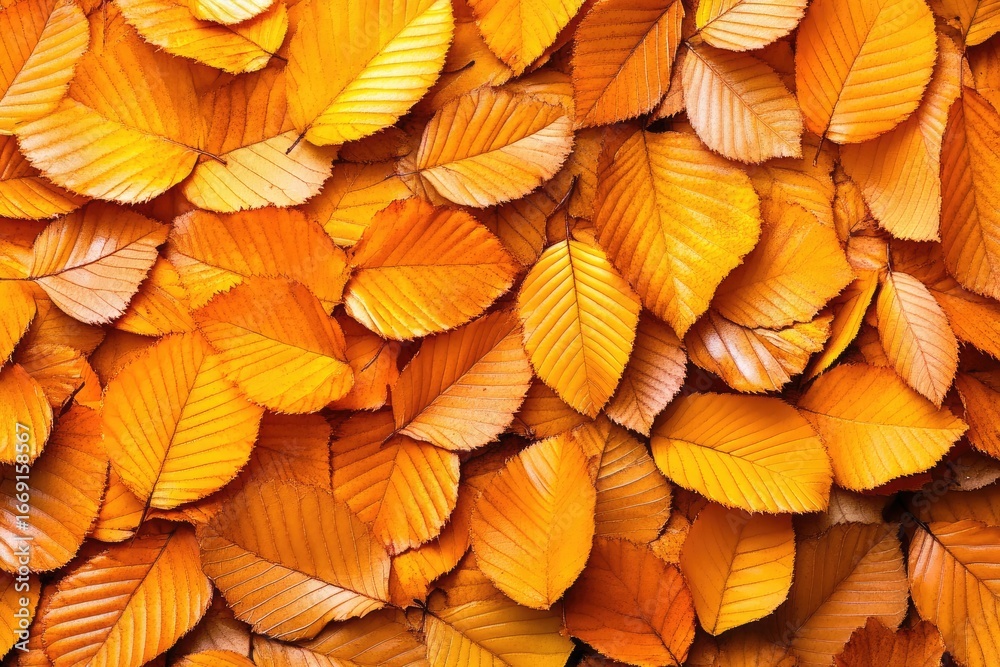 Fototapeta premium Golden Autumnal Cascade: A Dense Tapestry of Vibrant Beech Leaves