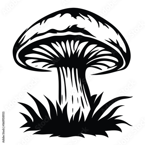 Monochrome vector illustration of a stylized mushroom in a grassy patch