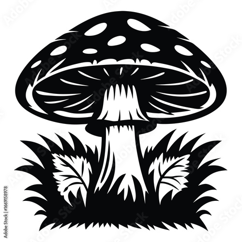 Stylized Black and White Image of a Mushroom Amongst Some Leafy Plants