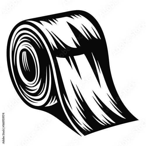 Monochrome illustration of a partially unrolled roll of toilet paper or kitchen towel