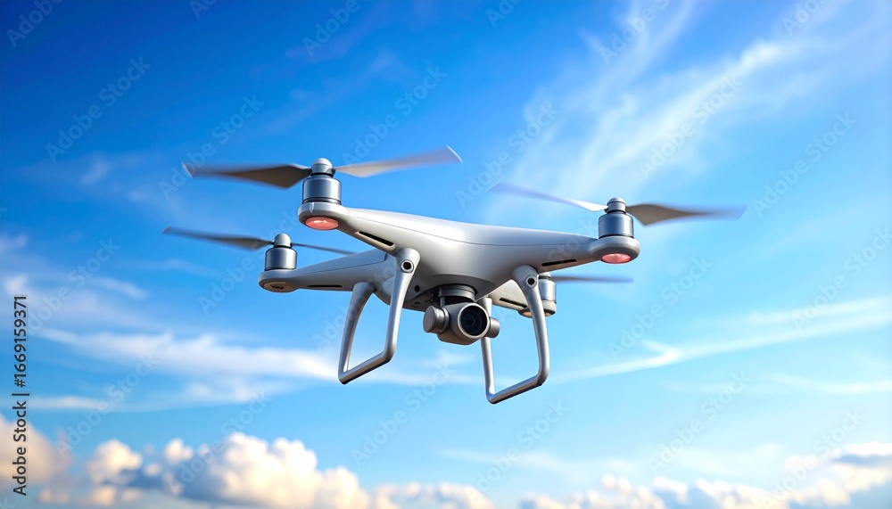 A modern drone soars through a vibrant blue sky, showcasing its sleek design against a backdrop of fluffy white clouds. A modern drone soars through a vibrant blue sky, showcasing its sleek design against a backdrop of fluffy white clouds.