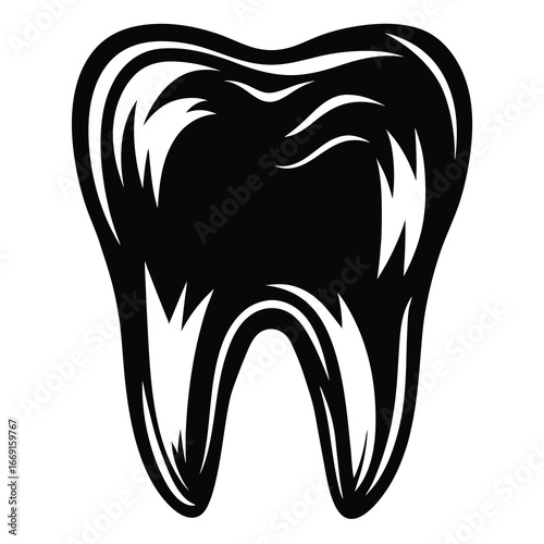 Stylized tooth illustration with bold black and white contrast design element