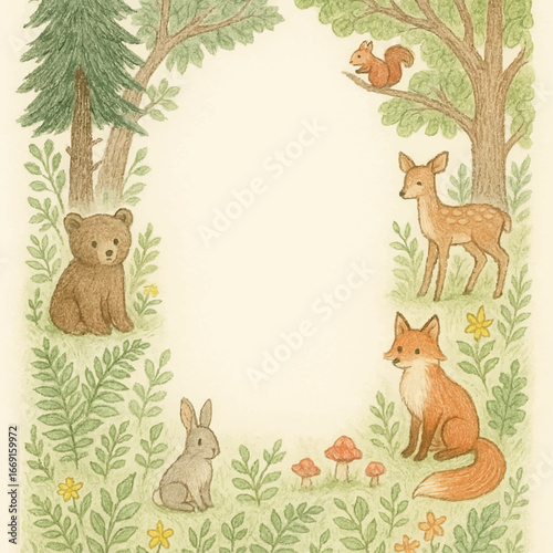 Forest animals and plants illustration frame, warm fairy-tale style background