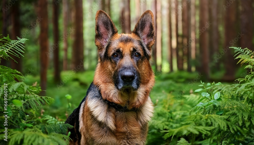 Naklejka premium german shepherd stands confidently among lush greenery in a serene forest setting