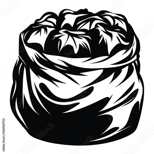 Dramatic black and white illustration of a bulging bag with sharp abstract filling