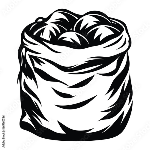 Monochrome vintage illustration of a sack full of round vegetables or fruits