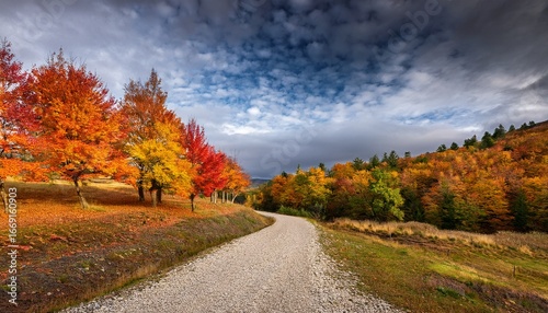 vibrant autumn scene with colorful trees lining a winding gravel path under cloudy sky