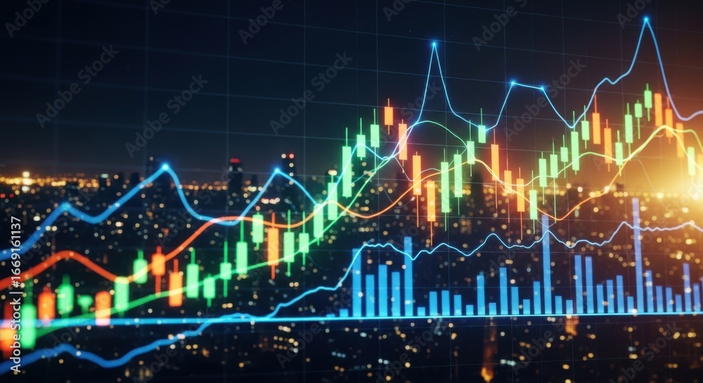 Naklejka premium Vibrant cityscape illuminated by dynamic financial market trading charts at night