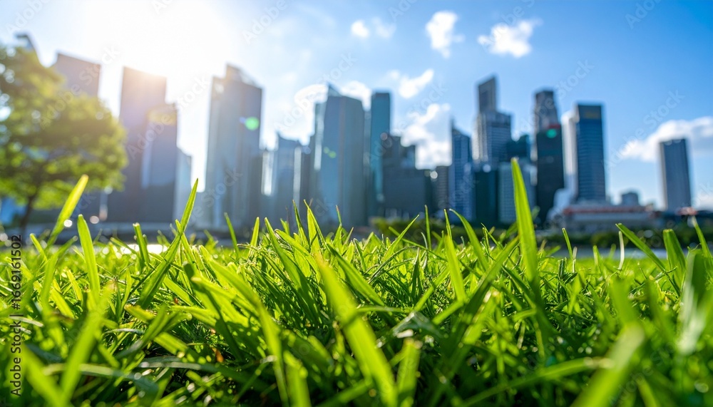 Obraz premium Lush green grass meets modern city skyline, a vibrant urban oasis under a sunny sky, perfect for eco concepts
