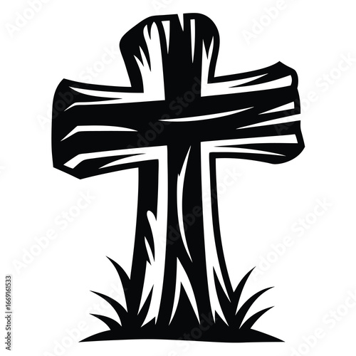 Stylized silhouette of a weathered and aged graveyard cross with grass around it