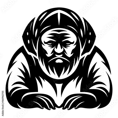 Monochrome vector illustration of an old bearded man with a hood