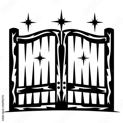 Stylized celestial gate with a starburst pattern in black and white