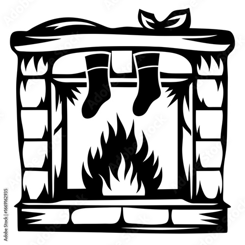 Festive Fireplace Illustration with Hanging Christmas Stockings and Holiday Ambiance