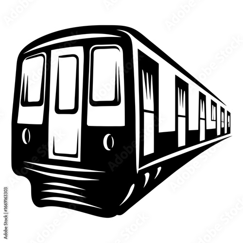 Monochrome graphic illustration of a passenger subway train on the move