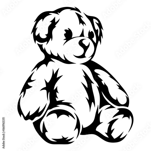 Stylized Monochrome Teddy Bear Illustration with Tribal Tattoo Design Elements