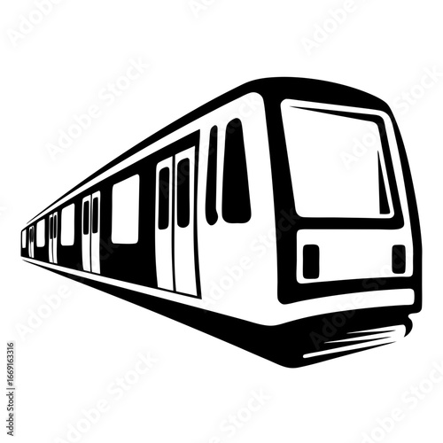 Modern Urban Subway Train in Black and White Perspective View Illustration