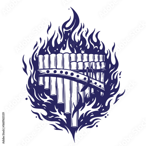 Illustration of a pan flute surrounded by flames depicting music and passion