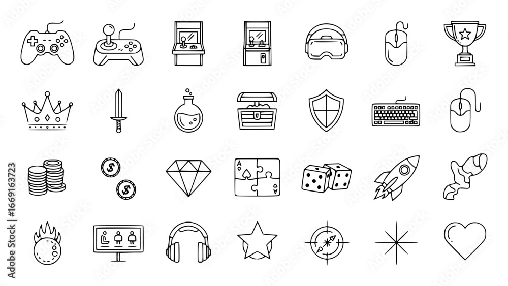 Fototapeta premium Modern Gaming Icons Collection: Outline Vector Elements for Digital Design, UI, Streaming, and Video Game Projects