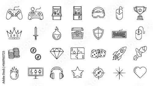Modern Gaming Icons Collection: Outline Vector Elements for Digital Design, UI, Streaming, and Video Game Projects