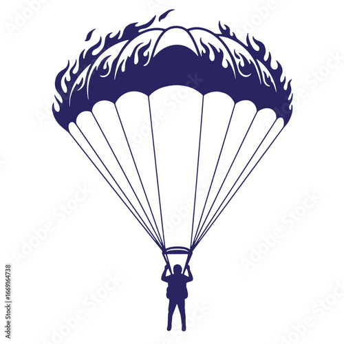 Silhouette of a skydiver parachuting with flaming parachute design on a white background