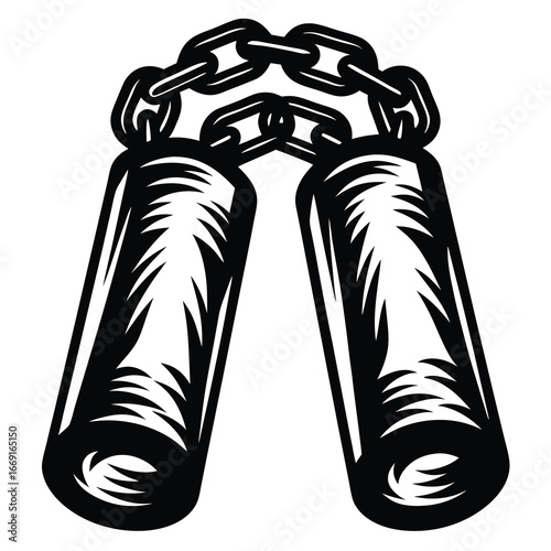 Stylized Nunchucks Weapon in Black and White Vector Illustration Design