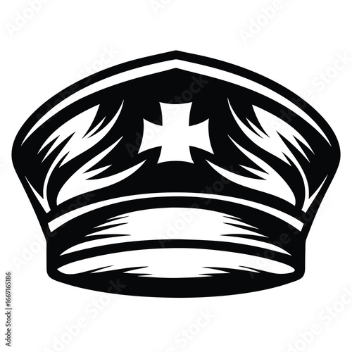Black and white illustration of a bishop's mitre with a bold design