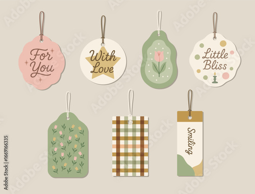 Set of decorative tags with text floral and geometric patterns illustration