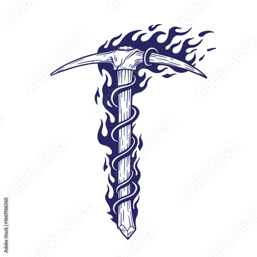 Stylized illustration of a burning pickaxe with intricate flames and decorative details