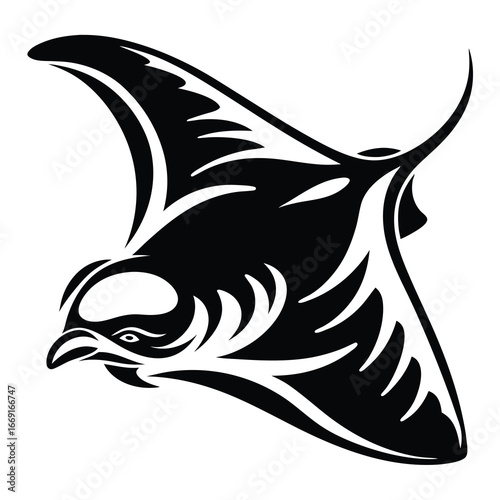 Black and white stylized illustration of a manta ray swimming underwater