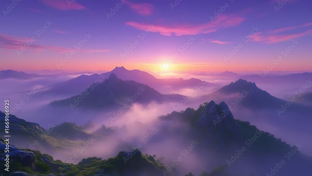 Obraz premium Misty Mountain Ridge at Sunrise with Purple Sky