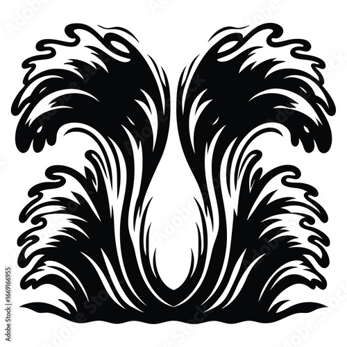 Symmetrical black and white stylized water waves illustration in tattoo design
