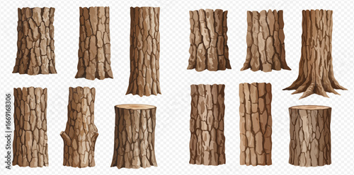 A collection of various cartoon tree trunks, stumps, and logs with detailed brown bark texture isolated on a transparent background.