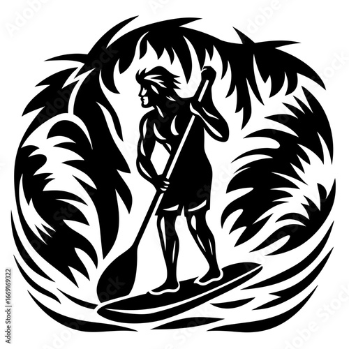 Black and white illustration of a man paddleboarding surrounded by palm trees
