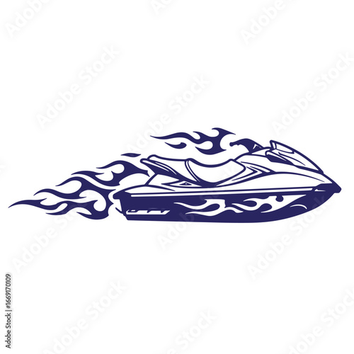 Vector illustration of a stylized jet ski with decorative flame graphic elements design