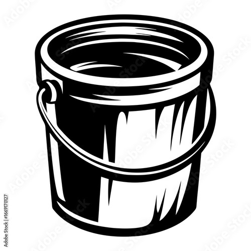 A strikingly bold black and white illustration of a sturdy bucket