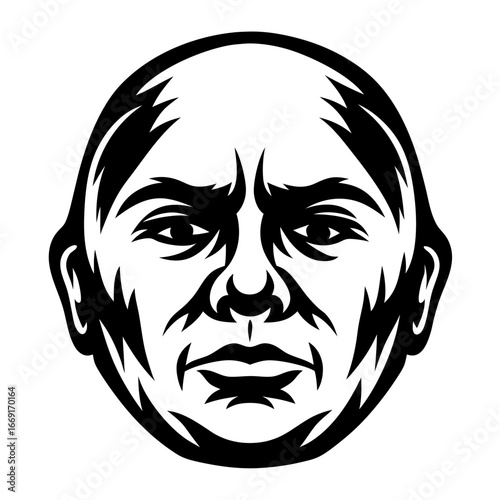 A highly detailed black and white headshot of an angry bald man