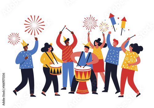 Joyful Diverse Group Celebrating with Drums and Fireworks.