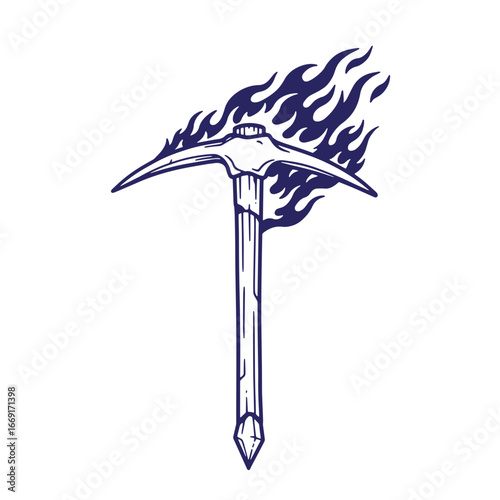Vintage style illustration of a pickaxe with flames isolated on a white background