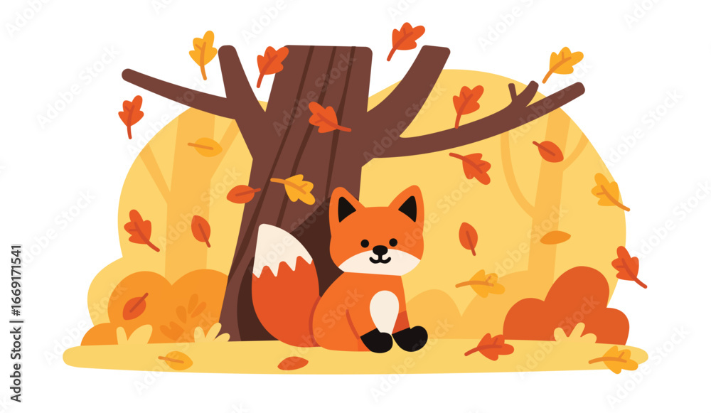 Fototapeta premium Charming vector illustration of a cute orange fox under a tree with autumn leaves. Cozy woodland scenery, wildlife, and fall season design, perfect for children’s decor and prints.