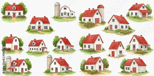 Watercolor illustration of various white houses with red roofs, some with silos, set on small green patches of land.