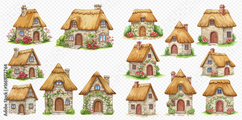 A collection of charming watercolor illustrations of rustic stone cottages with thatched roofs.