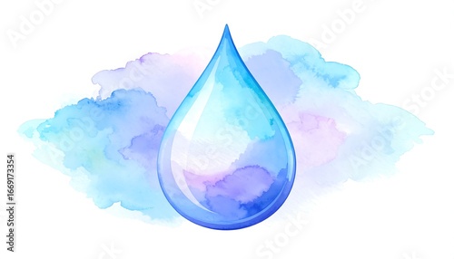 A single, teardrop-shaped water droplet rests on a soft, watercolor cloud