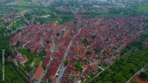 Aerial view of the city Dinkelsbühl in Germany, Bavaria on a sunny day in Spring