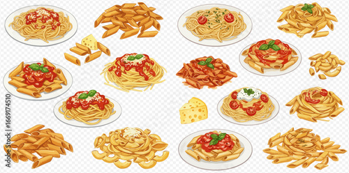 A set of cartoon illustrations featuring various pasta dishes, including spaghetti and penne with tomato sauce and cheese.