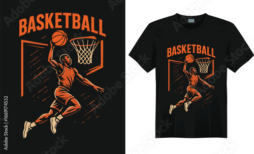“Bold basketball-themed t-shirt featuring dynamic hoop graphics, sporty typography, and energetic colors, perfect for players, fans, and streetwear style.”